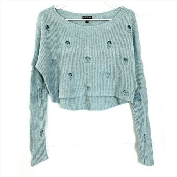 Express light  green distressed cropped sweater - Picture 1 of 5